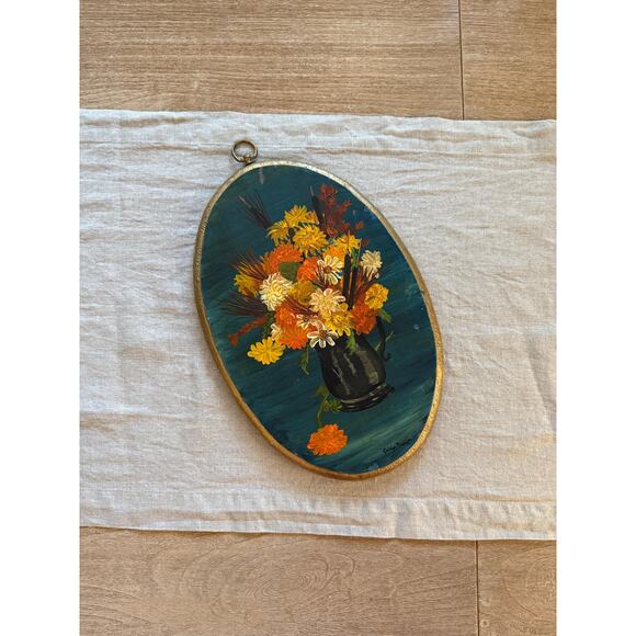 Vintage Original Oil Painting on Oval Board Fall Florals - Picture 2 of 5